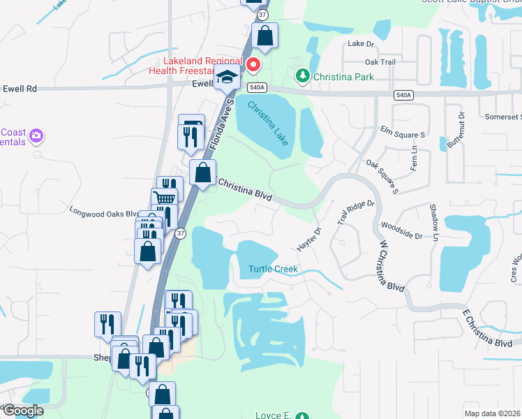 map of restaurants, bars, coffee shops, grocery stores, and more near 646 Lake Clark Place in Lakeland