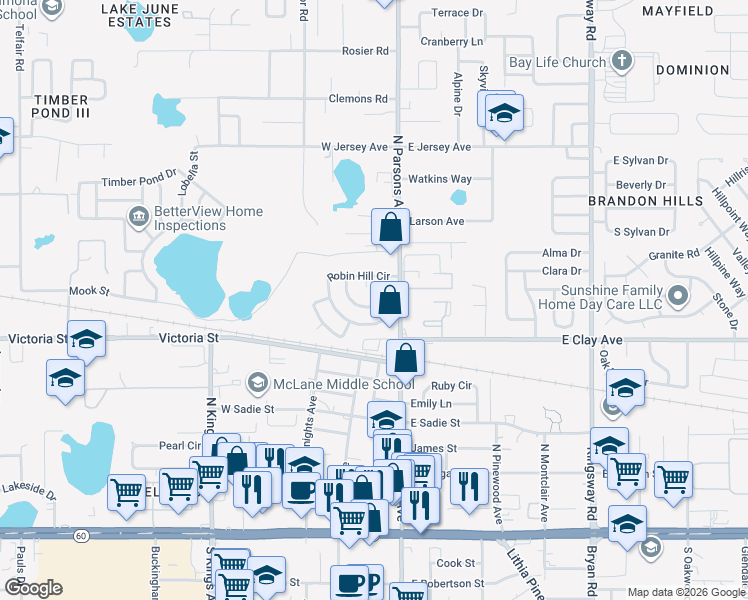 map of restaurants, bars, coffee shops, grocery stores, and more near 103 Inwood Circle in Brandon