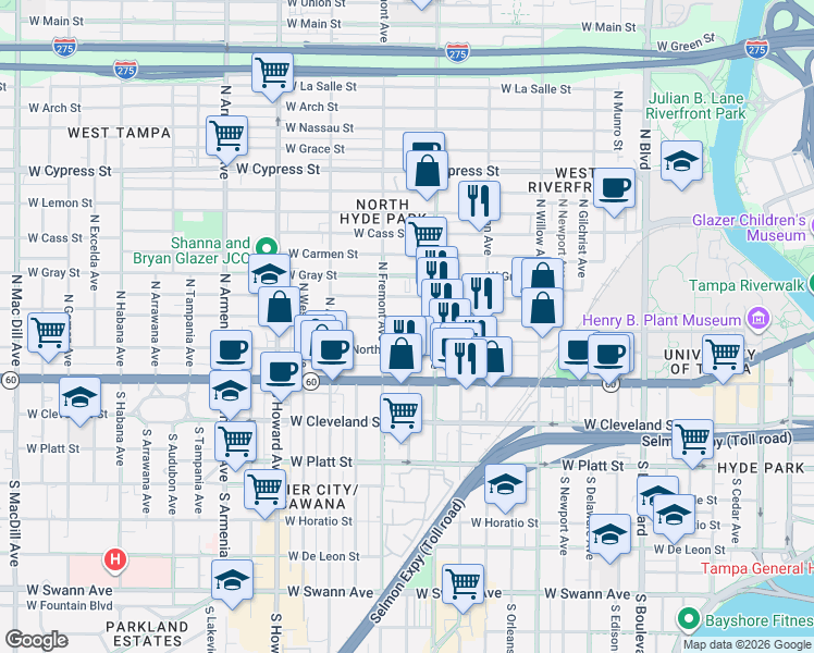 map of restaurants, bars, coffee shops, grocery stores, and more near 1706 West North B Street in Tampa