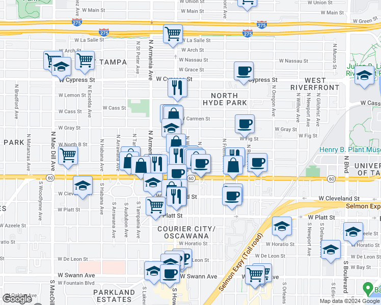 map of restaurants, bars, coffee shops, grocery stores, and more near 207 North Westland Avenue in Tampa