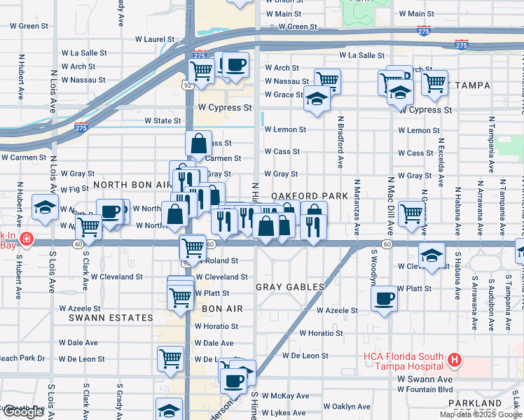 map of restaurants, bars, coffee shops, grocery stores, and more near 205 North Himes Avenue in Tampa