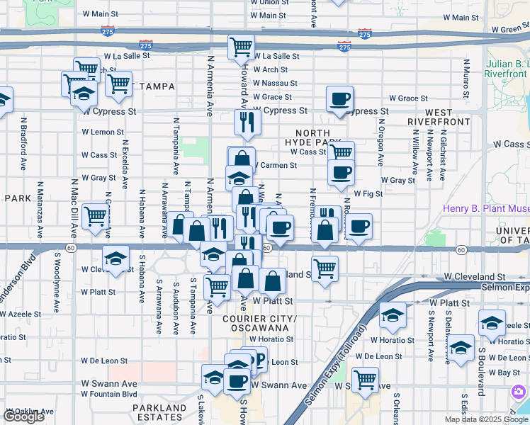 map of restaurants, bars, coffee shops, grocery stores, and more near 209 North Westland Avenue in Tampa
