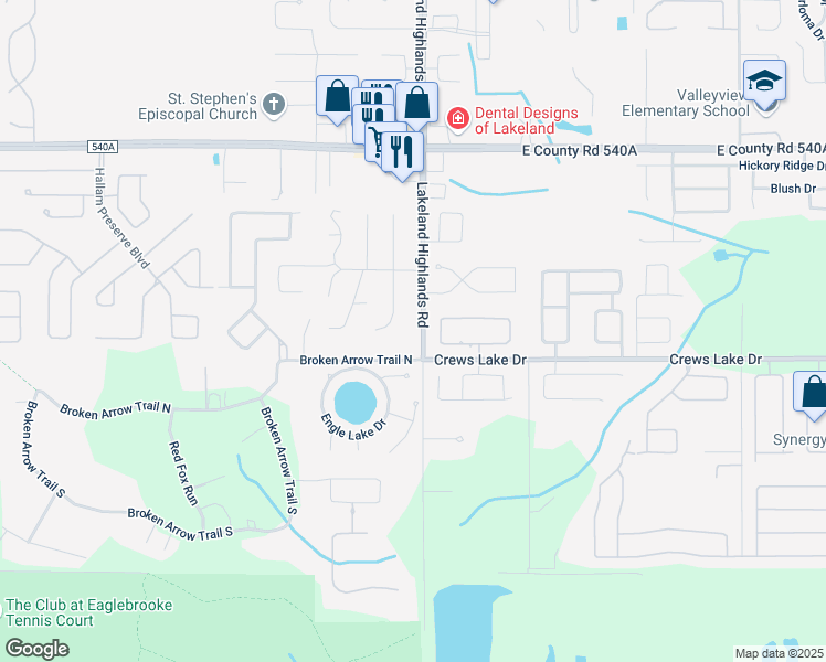 map of restaurants, bars, coffee shops, grocery stores, and more near 6521 Lakeland Highlands Road in Lakeland