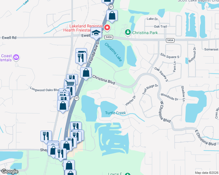 map of restaurants, bars, coffee shops, grocery stores, and more near 646 Lake Clark Place in Lakeland