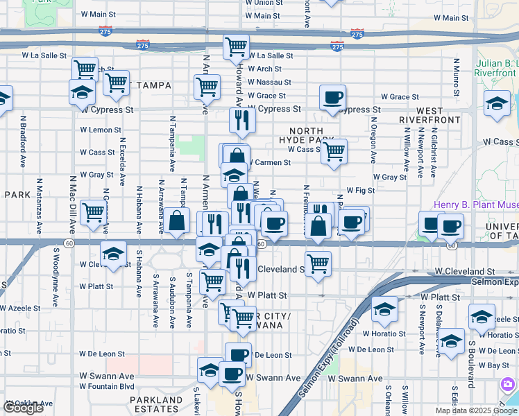 map of restaurants, bars, coffee shops, grocery stores, and more near 209 North Westland Avenue in Tampa