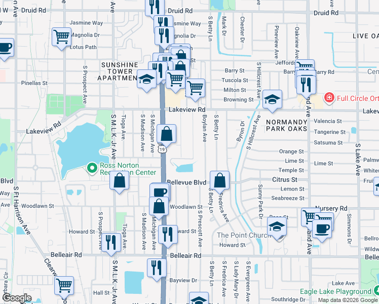map of restaurants, bars, coffee shops, grocery stores, and more near 1358 Friend Avenue in Clearwater