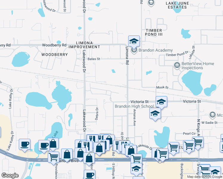 map of restaurants, bars, coffee shops, grocery stores, and more near 1502 Blue Magnolia Road in Brandon