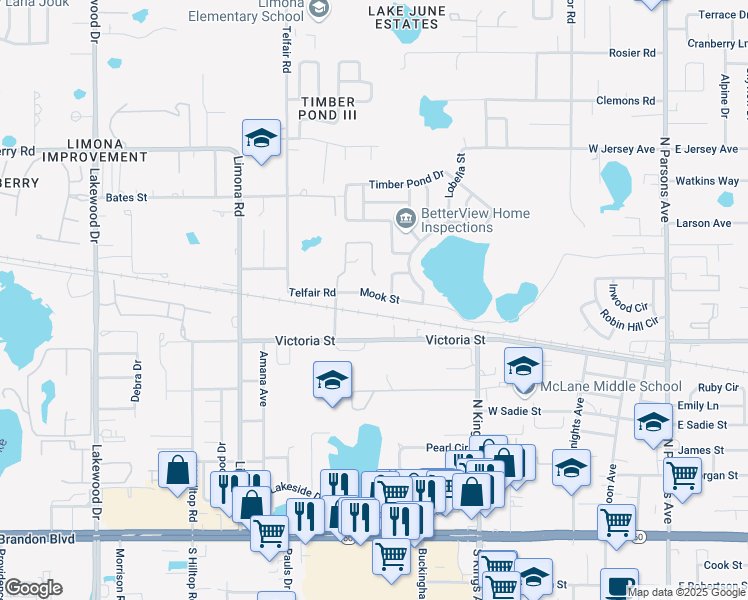 map of restaurants, bars, coffee shops, grocery stores, and more near 1107 Mook Street in Brandon