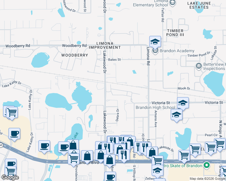 map of restaurants, bars, coffee shops, grocery stores, and more near 516 Golden Tree Place in Brandon