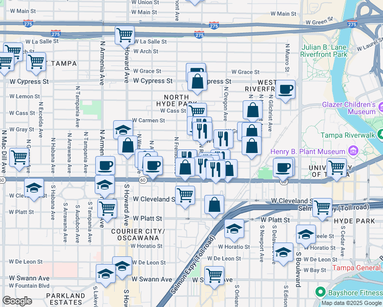 map of restaurants, bars, coffee shops, grocery stores, and more near 1706 West North B Street in Tampa