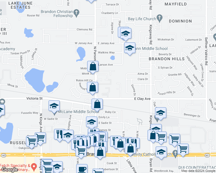 map of restaurants, bars, coffee shops, grocery stores, and more near 523 Camino Real Court in Brandon