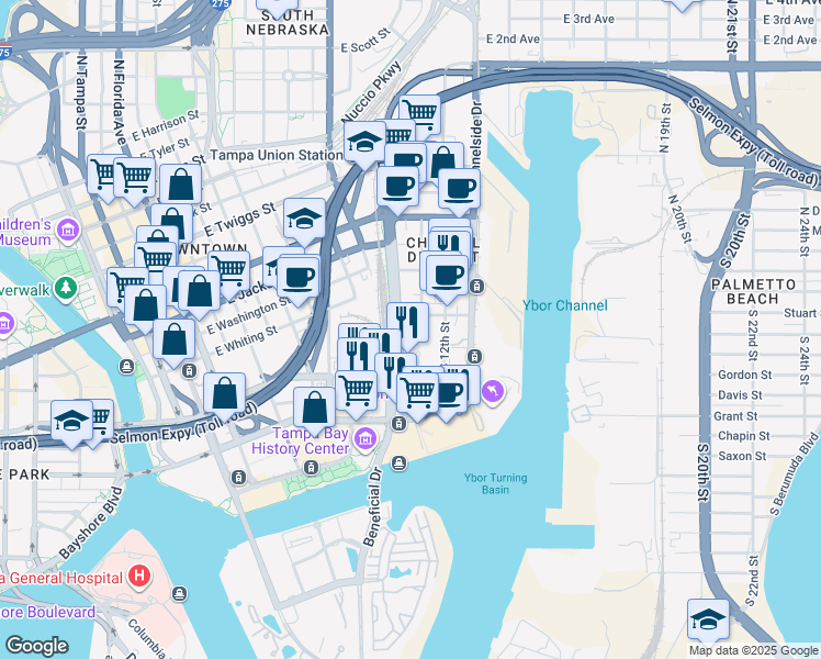 map of restaurants, bars, coffee shops, grocery stores, and more near 110 South 11th Street in Tampa