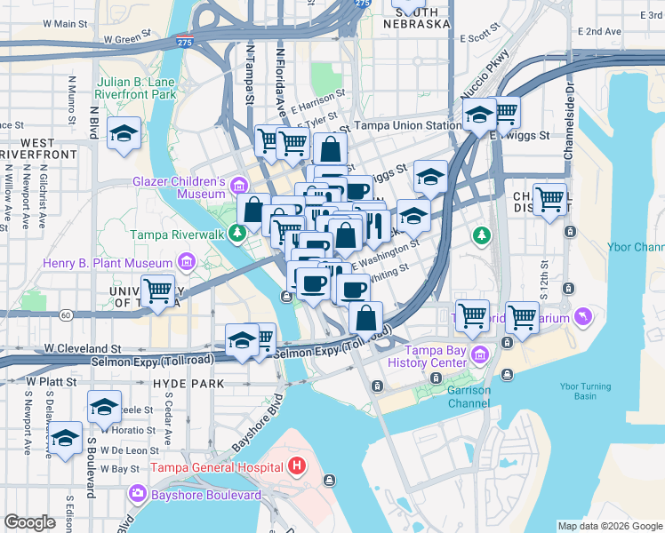 map of restaurants, bars, coffee shops, grocery stores, and more near 181 North Florida Avenue in Tampa