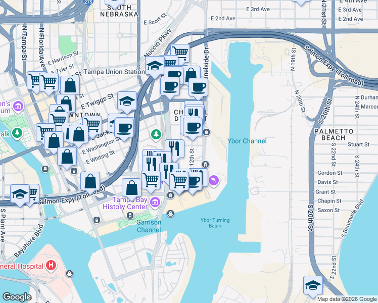 map of restaurants, bars, coffee shops, grocery stores, and more near 101 South 12th Street in Tampa