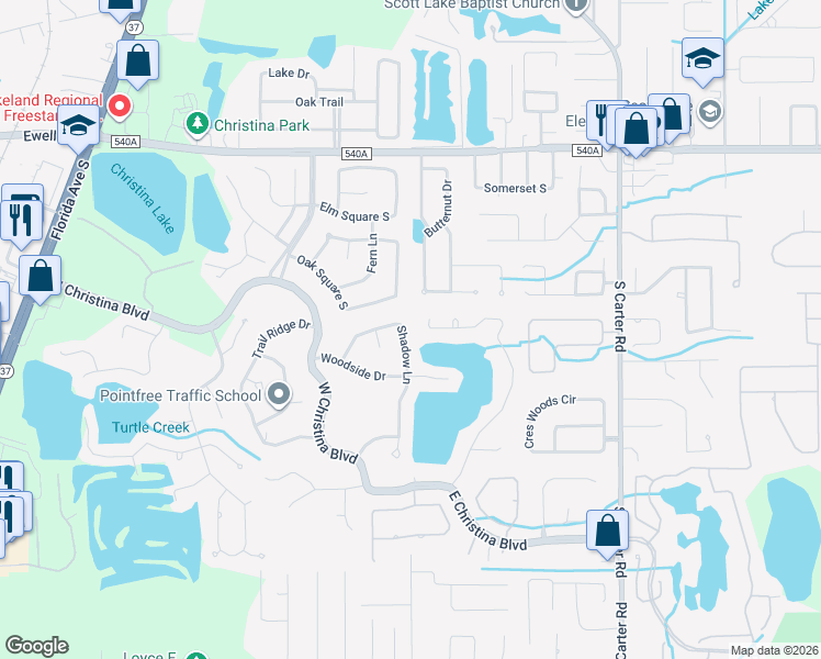 map of restaurants, bars, coffee shops, grocery stores, and more near 118 Shadow Lane in Lakeland