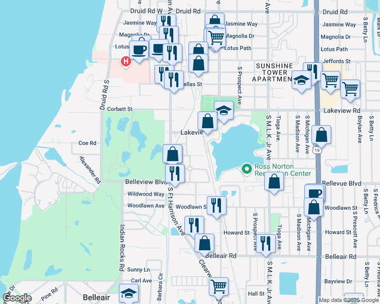 map of restaurants, bars, coffee shops, grocery stores, and more near 1399 Hamlet Avenue in Clearwater
