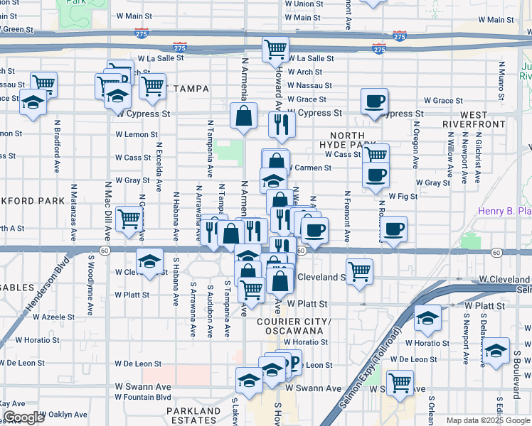 map of restaurants, bars, coffee shops, grocery stores, and more near 2308 West North B Street in Tampa