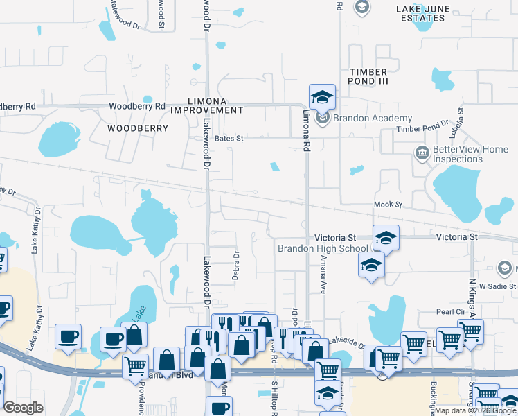 map of restaurants, bars, coffee shops, grocery stores, and more near 1520 Blue Magnolia Road in Brandon