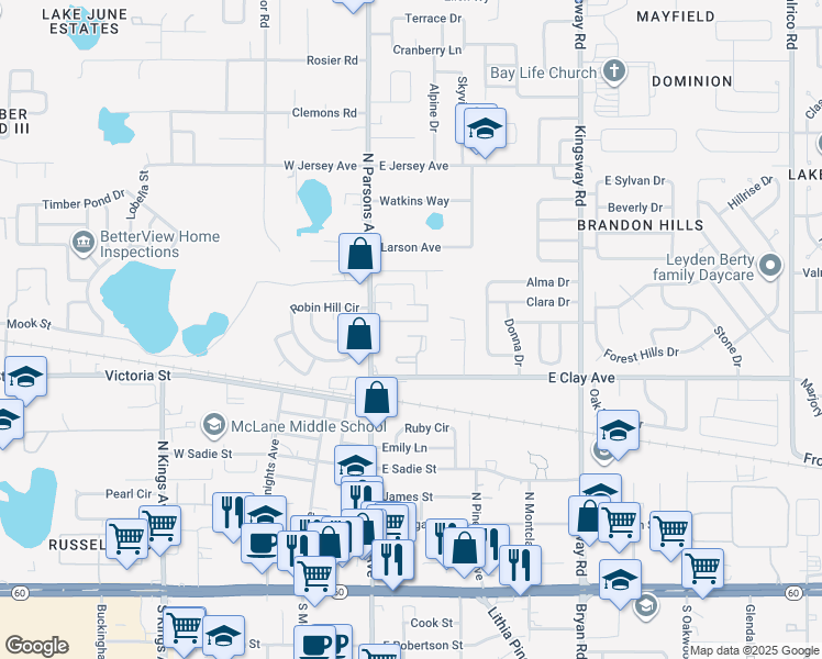 map of restaurants, bars, coffee shops, grocery stores, and more near 525 Camino Real Court in Brandon