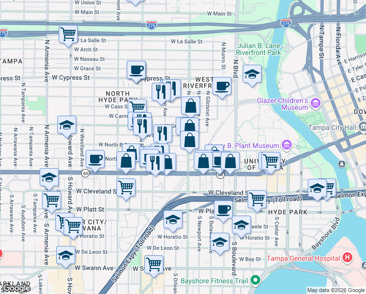 map of restaurants, bars, coffee shops, grocery stores, and more near 213 North Willow Avenue in Tampa