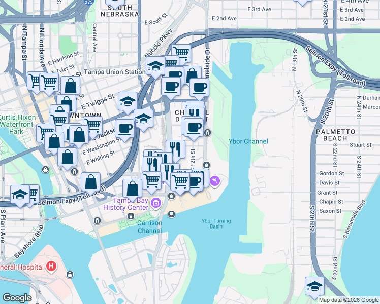 map of restaurants, bars, coffee shops, grocery stores, and more near 110 South 11th Street in Tampa