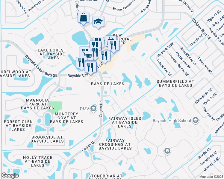 map of restaurants, bars, coffee shops, grocery stores, and more near 2008 Muirfield Way Southeast in Palm Bay