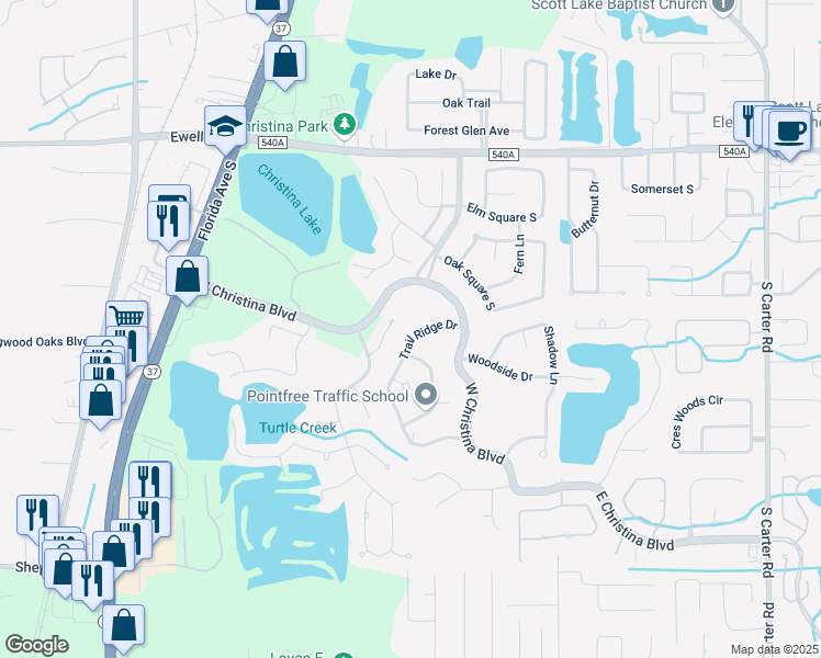 map of restaurants, bars, coffee shops, grocery stores, and more near 6520 Sunset Ridge in Lakeland