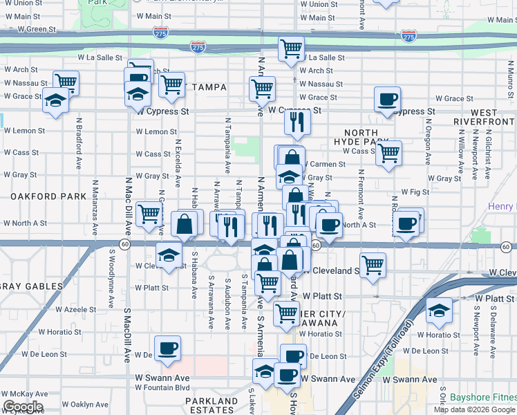 map of restaurants, bars, coffee shops, grocery stores, and more near 205 North Armenia Avenue in Tampa
