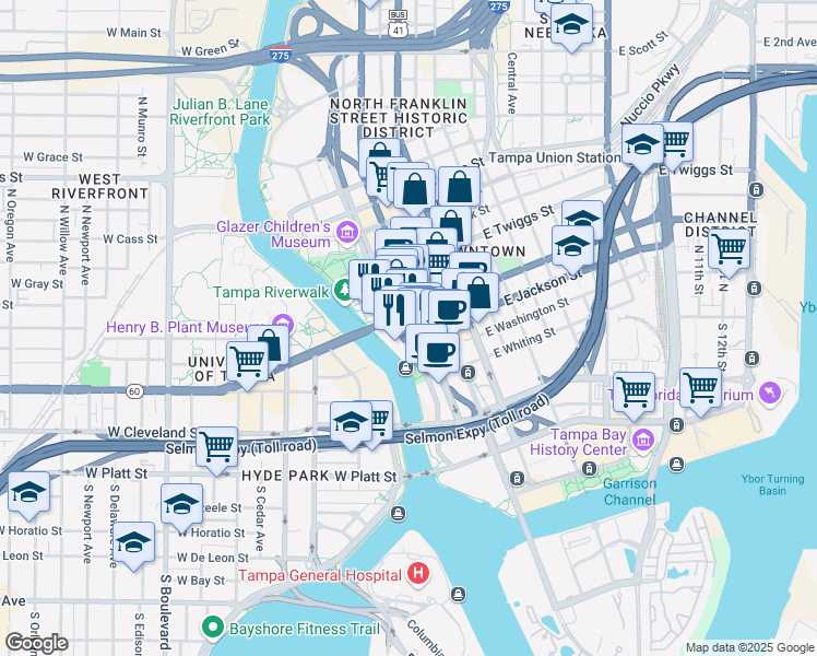 map of restaurants, bars, coffee shops, grocery stores, and more near 101 East Kennedy Boulevard in Tampa