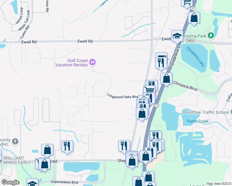 map of restaurants, bars, coffee shops, grocery stores, and more near 1211 Longwood Oaks Boulevard in Lakeland