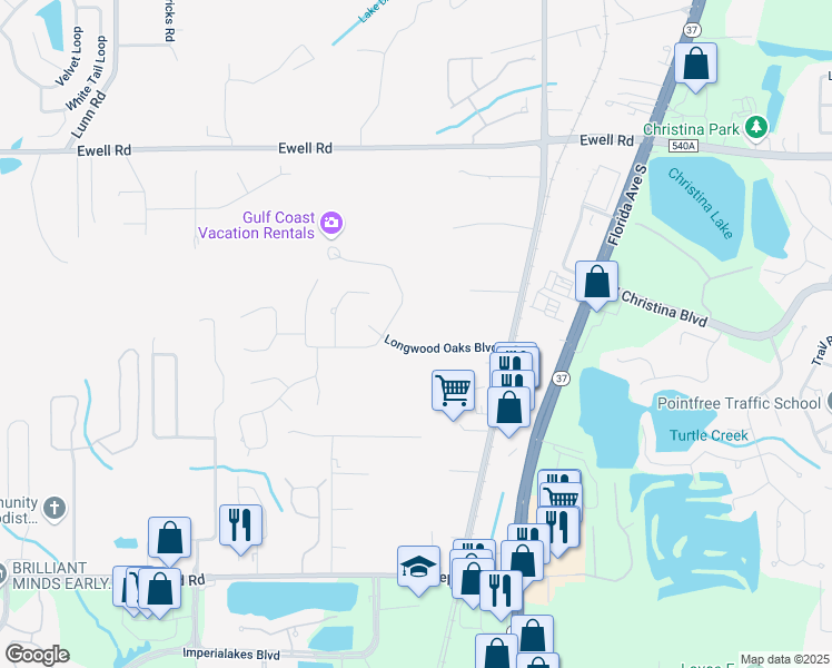 map of restaurants, bars, coffee shops, grocery stores, and more near 1211 Longwood Oaks Boulevard in Lakeland