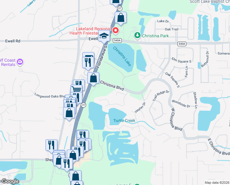 map of restaurants, bars, coffee shops, grocery stores, and more near 646 Lake Clark Place in Lakeland