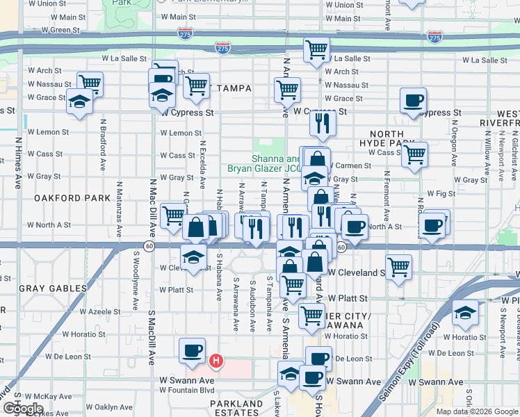 map of restaurants, bars, coffee shops, grocery stores, and more near 214 North Tampania Avenue in Tampa