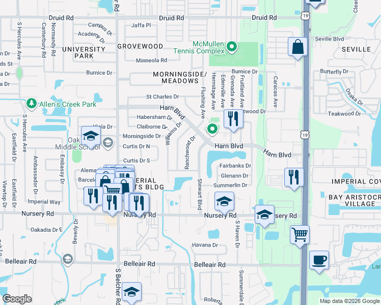 map of restaurants, bars, coffee shops, grocery stores, and more near 1345 Ranchwood Drive in Clearwater