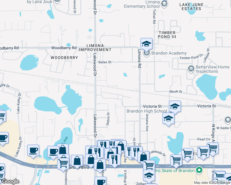 map of restaurants, bars, coffee shops, grocery stores, and more near 1543 Blue Magnolia Road in Brandon
