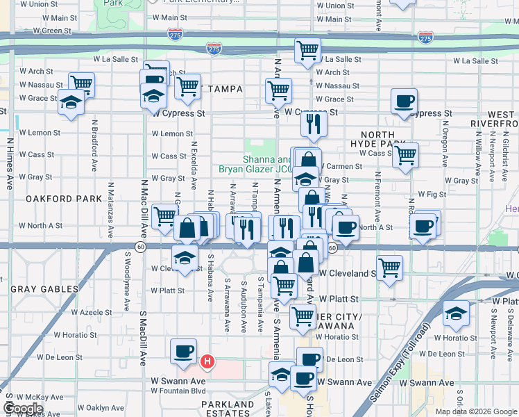 map of restaurants, bars, coffee shops, grocery stores, and more near 214 North Tampania Avenue in Tampa