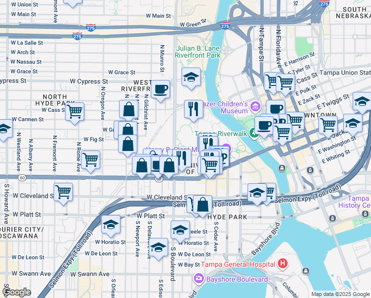 map of restaurants, bars, coffee shops, grocery stores, and more near 401 West Kennedy Boulevard in Tampa
