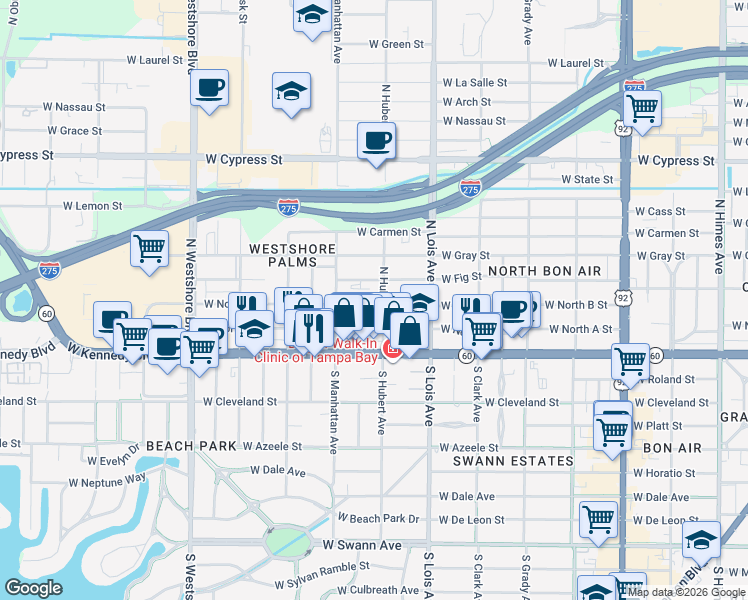 map of restaurants, bars, coffee shops, grocery stores, and more near 302 North Hubert Avenue in Tampa