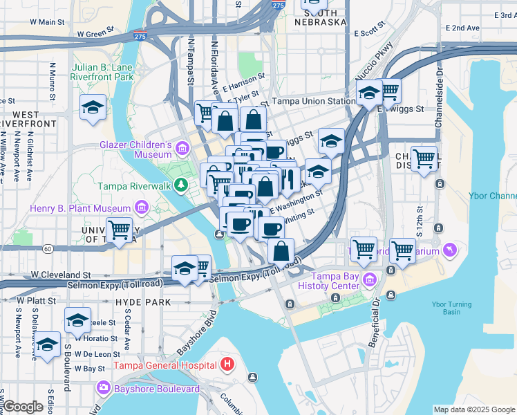 map of restaurants, bars, coffee shops, grocery stores, and more near 181 North Florida Avenue in Tampa