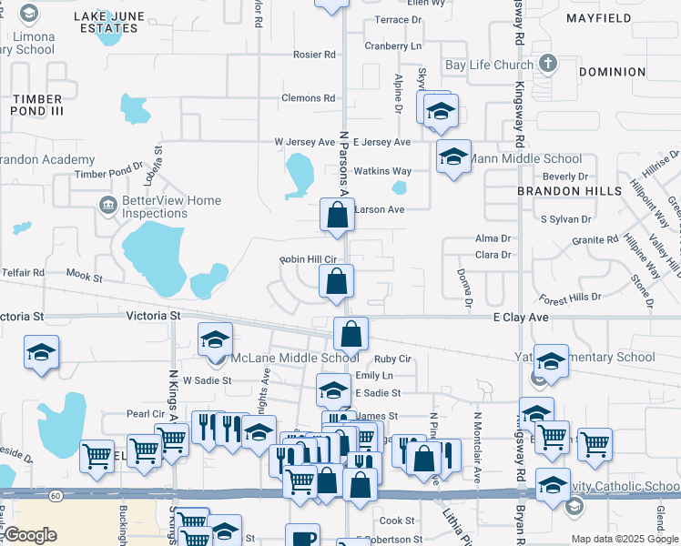 map of restaurants, bars, coffee shops, grocery stores, and more near 521 North Parsons Avenue in Brandon