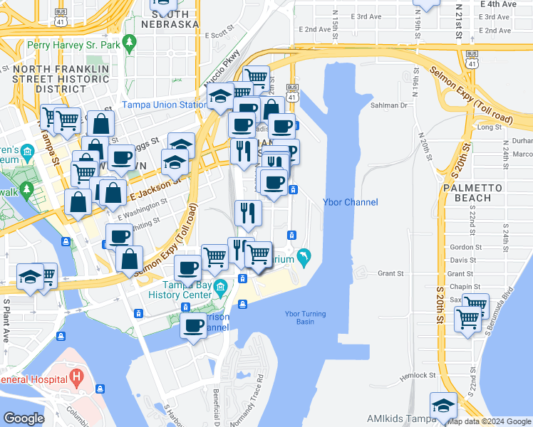 map of restaurants, bars, coffee shops, grocery stores, and more near 110 South 11th Street in Tampa