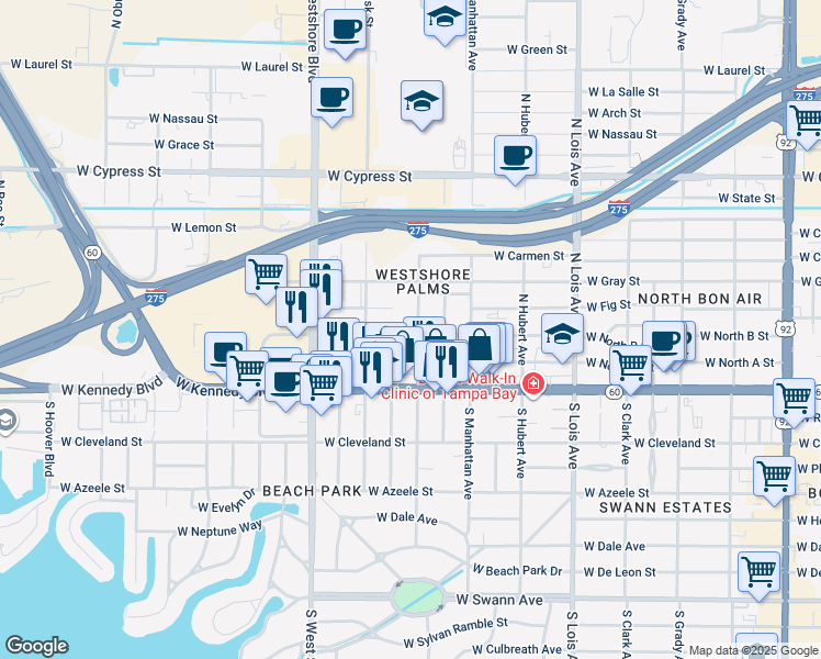 map of restaurants, bars, coffee shops, grocery stores, and more near 4510 West North B Street in Tampa