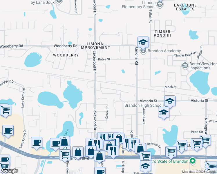 map of restaurants, bars, coffee shops, grocery stores, and more near 1543 Blue Magnolia Road in Brandon