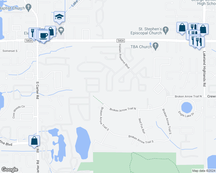 map of restaurants, bars, coffee shops, grocery stores, and more near 6515 Evergreen Park Drive in Lakeland