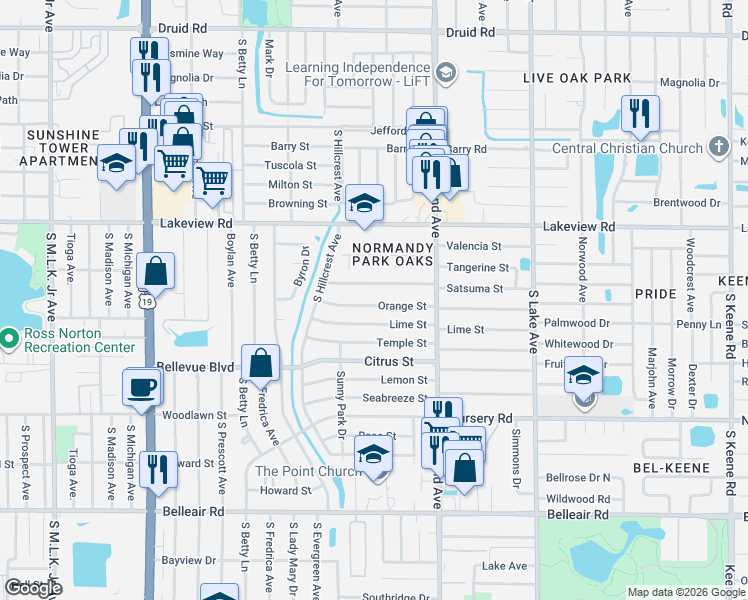 map of restaurants, bars, coffee shops, grocery stores, and more near 1429 Orange Street in Clearwater