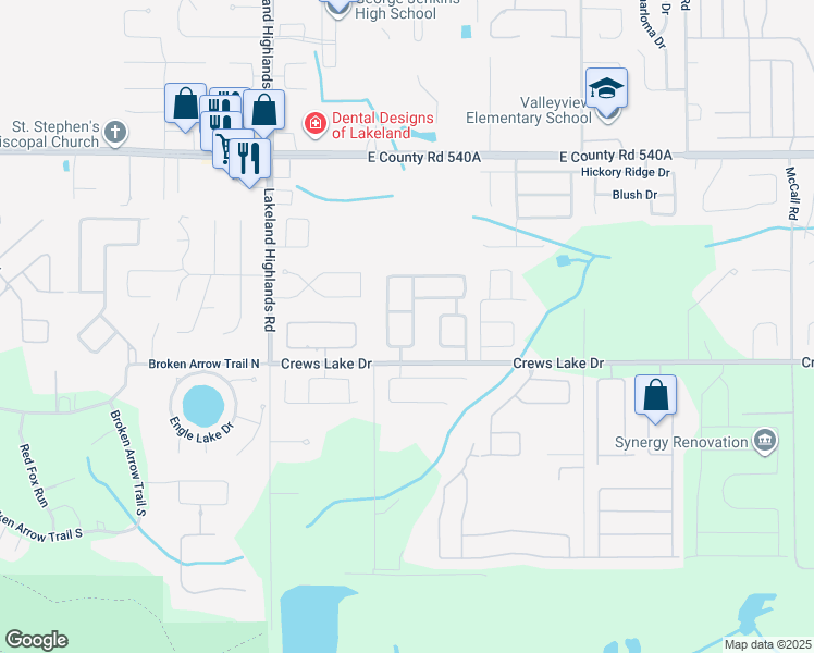map of restaurants, bars, coffee shops, grocery stores, and more near 6513 Crews Lake Hills Loop East in Lakeland