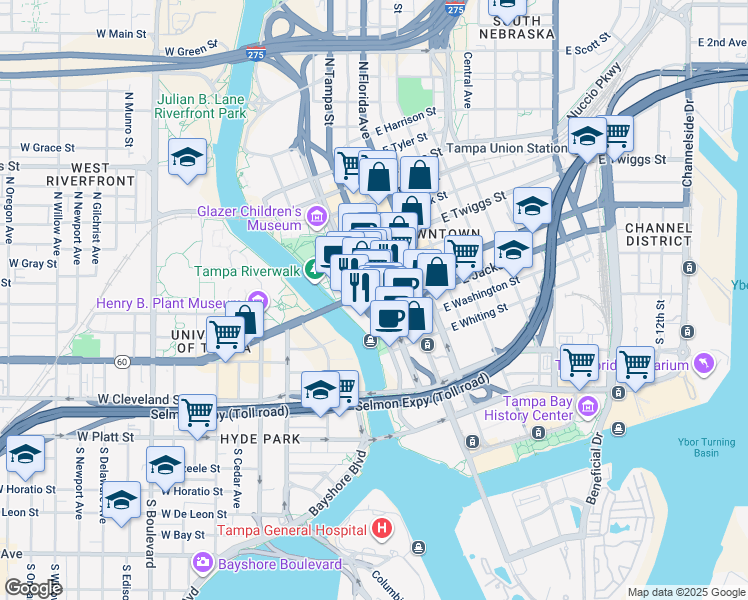 map of restaurants, bars, coffee shops, grocery stores, and more near 101 East Kennedy Boulevard in Tampa