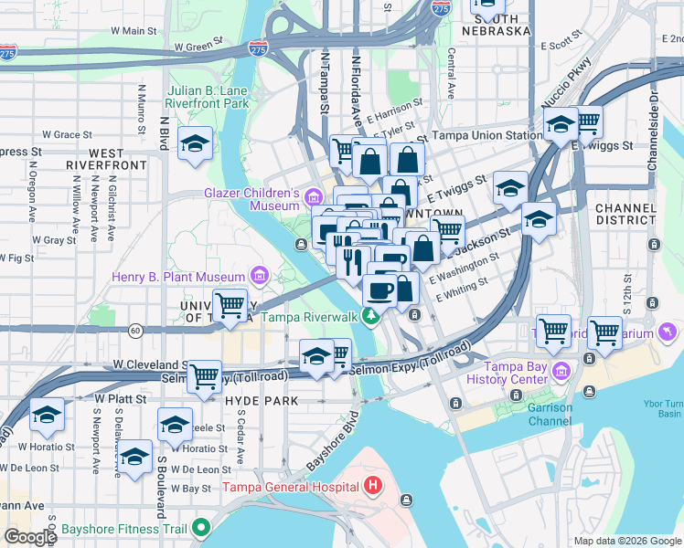 map of restaurants, bars, coffee shops, grocery stores, and more near in Tampa