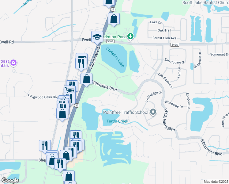 map of restaurants, bars, coffee shops, grocery stores, and more near 639 Lake Clark Place in Lakeland