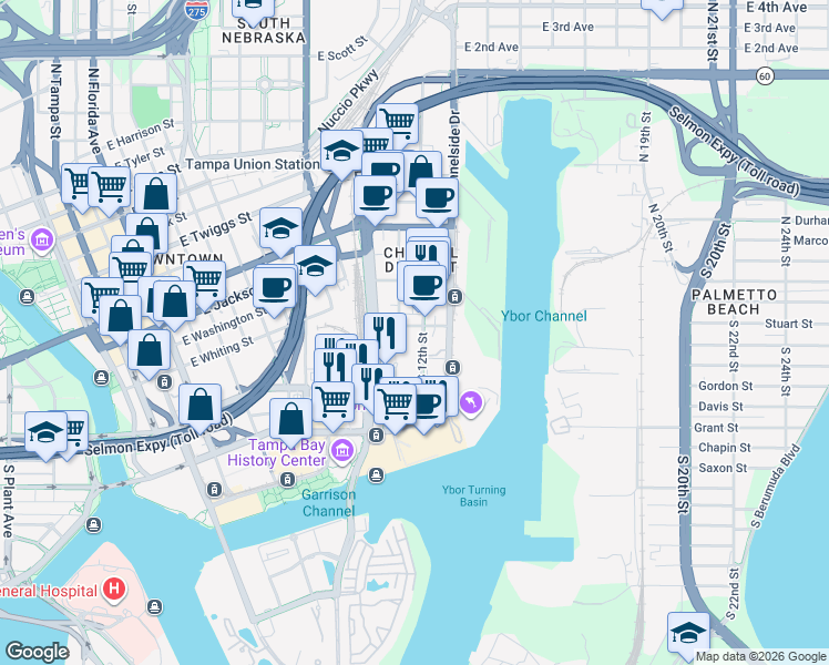 map of restaurants, bars, coffee shops, grocery stores, and more near 101 South 12th Street in Tampa
